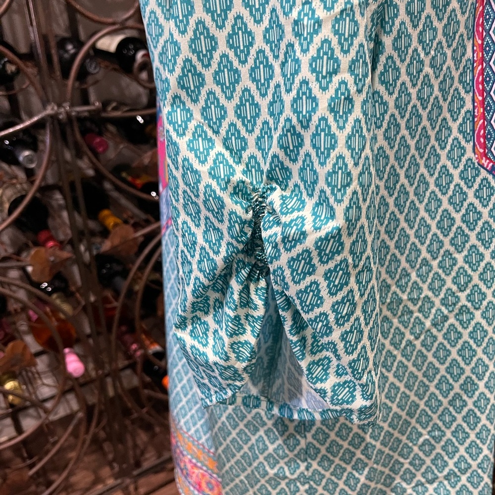 Vibrant Teal and Pink Women's Swim 3/4 length sleeve Swim Coverup - Picture 3 of 9